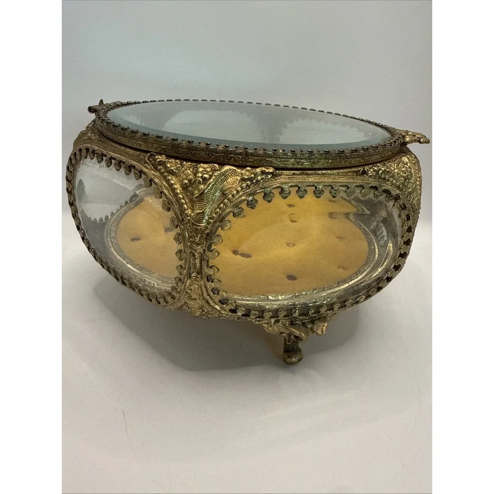 VTG Gold Gilt Ormolu Filigree Floral Bouquet Octagon Casket Trinket Jewelry Box